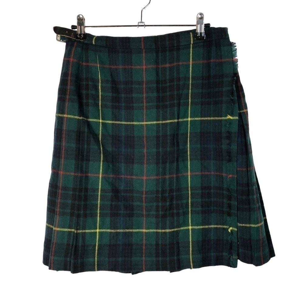 Vintage Aston Wool Made in Scotland Green Plaid Mini Kilt Skirt M